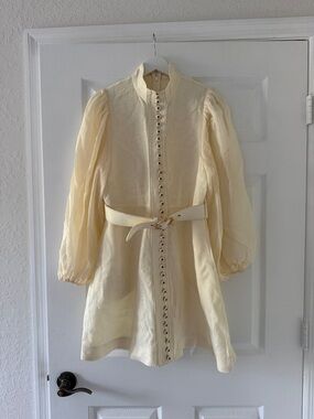 Zimmermann Cream Vintage-Inspired Button Front Dress with Belt